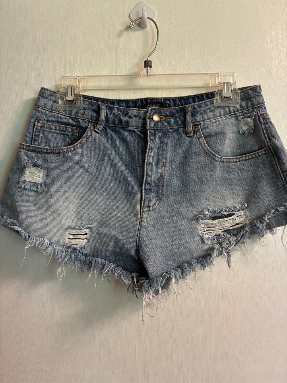 Forever 21 Frayed Distressed Denim Shorts in Light Blue